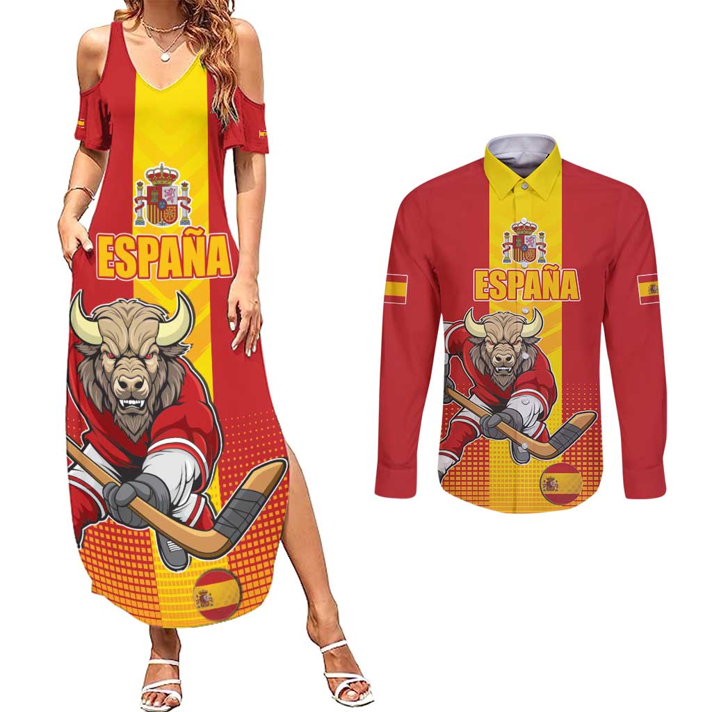 Custom Spain Field Hockey Couples Matching Summer Maxi Dress and Long Sleeve Button Shirt Sporty Style with Bull Mascot