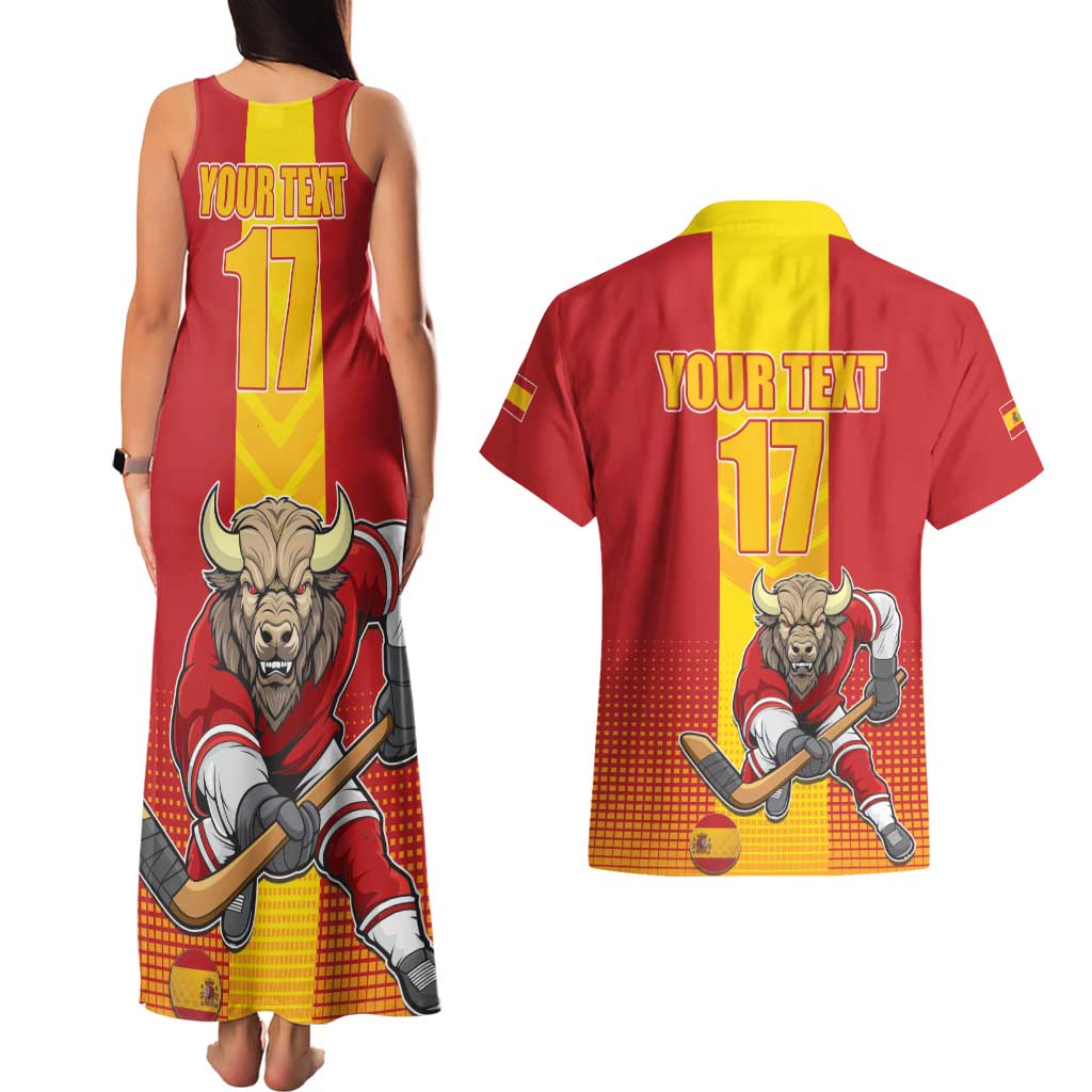 Custom Spain Field Hockey Couples Matching Tank Maxi Dress and Hawaiian Shirt Sporty Style with Bull Mascot