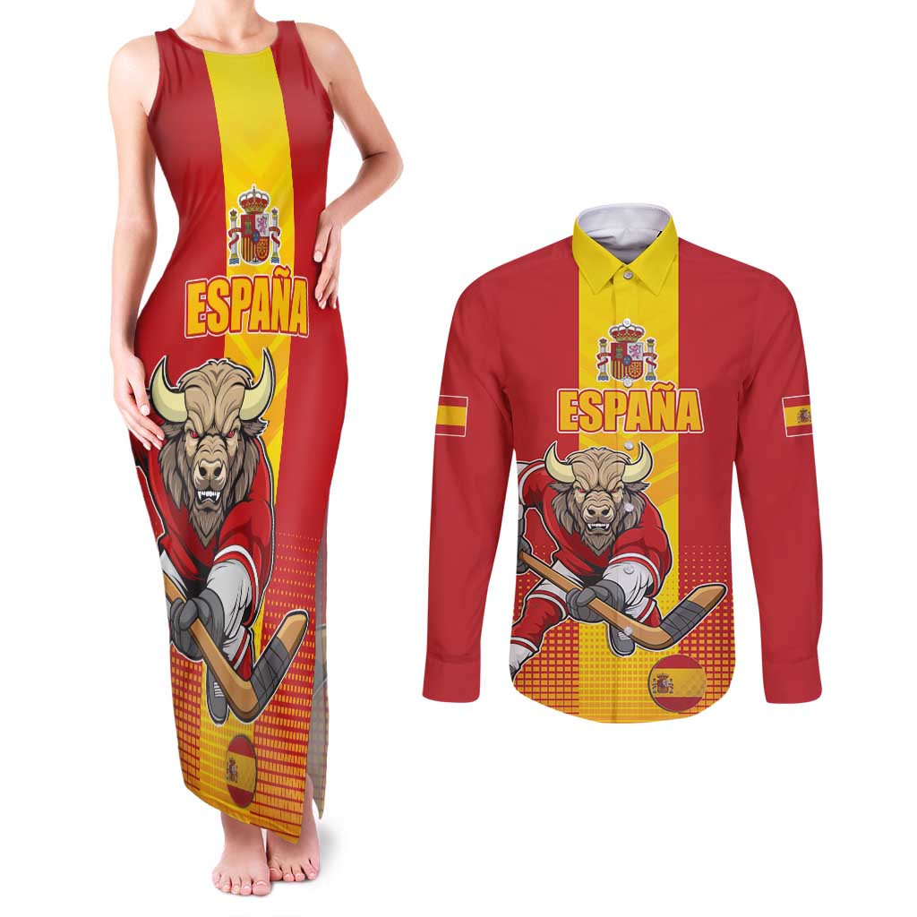 Custom Spain Field Hockey Couples Matching Tank Maxi Dress and Long Sleeve Button Shirt Sporty Style with Bull Mascot