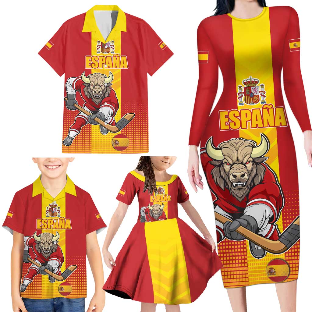 Custom Spain Field Hockey Family Matching Long Sleeve Bodycon Dress and Hawaiian Shirt Sporty Style with Bull Mascot