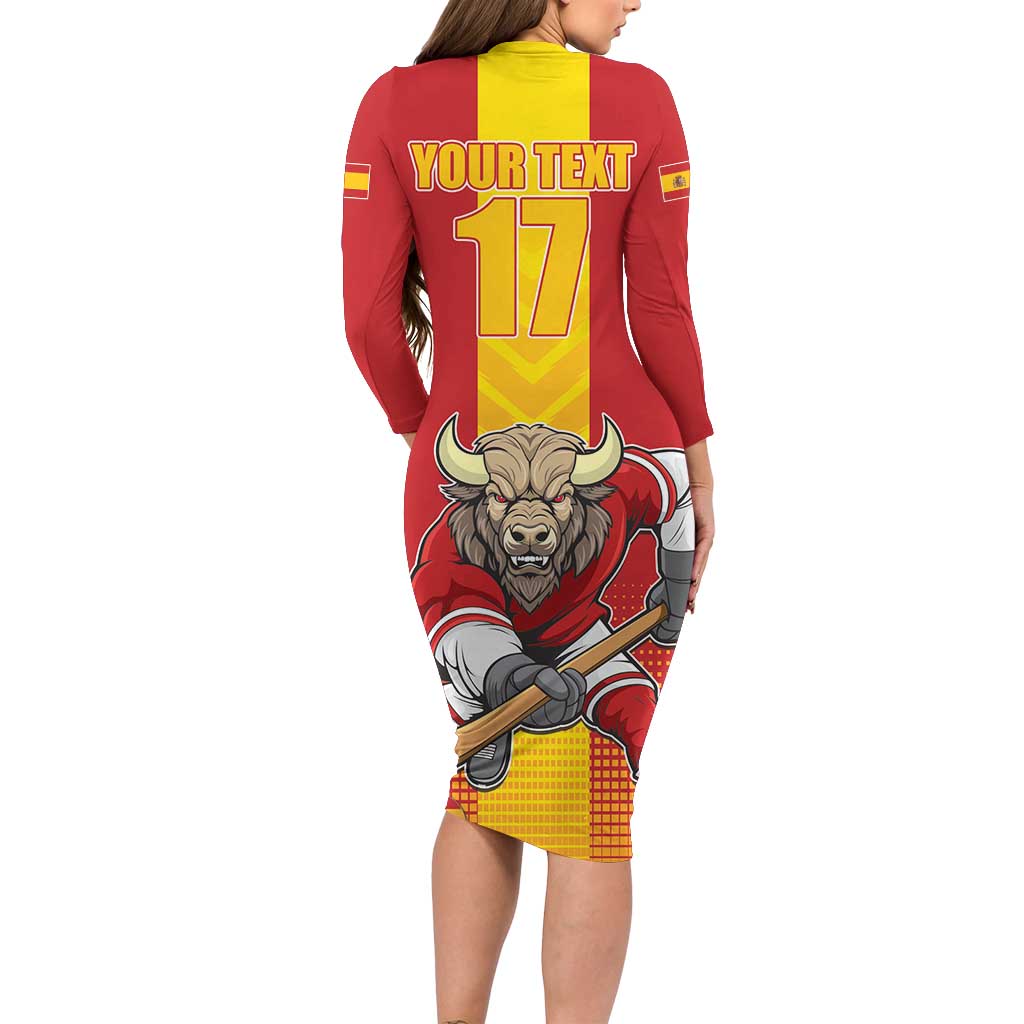 Custom Spain Field Hockey Family Matching Long Sleeve Bodycon Dress and Hawaiian Shirt Sporty Style with Bull Mascot