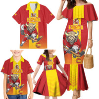 Custom Spain Field Hockey Family Matching Mermaid Dress and Hawaiian Shirt Sporty Style with Bull Mascot