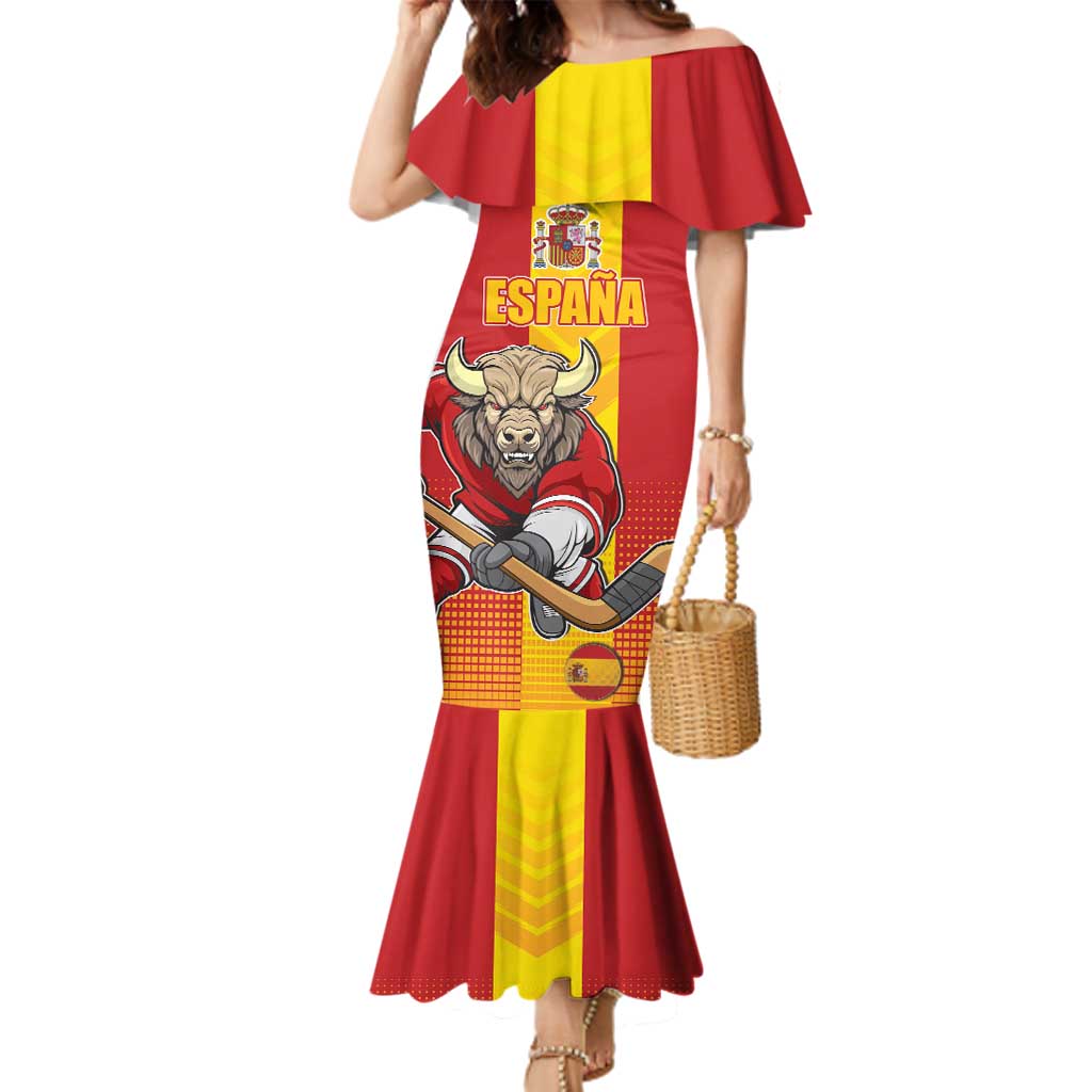 Custom Spain Field Hockey Family Matching Mermaid Dress and Hawaiian Shirt Sporty Style with Bull Mascot