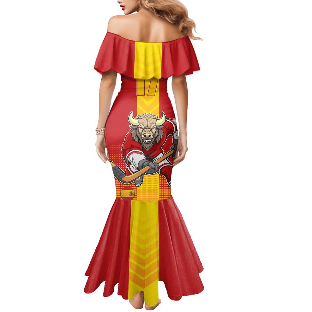 Custom Spain Field Hockey Family Matching Mermaid Dress and Hawaiian Shirt Sporty Style with Bull Mascot