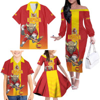Custom Spain Field Hockey Family Matching Off The Shoulder Long Sleeve Dress and Hawaiian Shirt Sporty Style with Bull Mascot