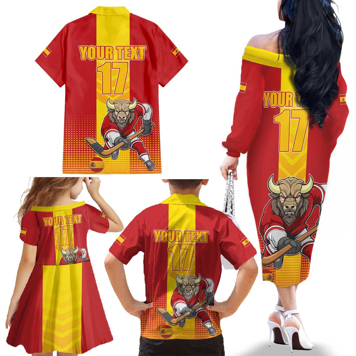 Custom Spain Field Hockey Family Matching Off The Shoulder Long Sleeve Dress and Hawaiian Shirt Sporty Style with Bull Mascot