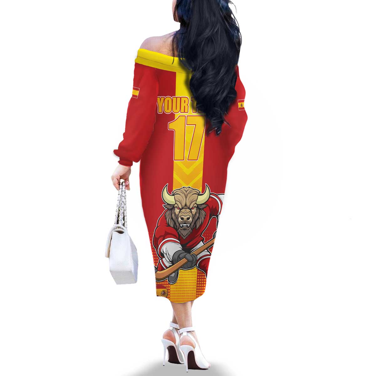 Custom Spain Field Hockey Family Matching Off The Shoulder Long Sleeve Dress and Hawaiian Shirt Sporty Style with Bull Mascot