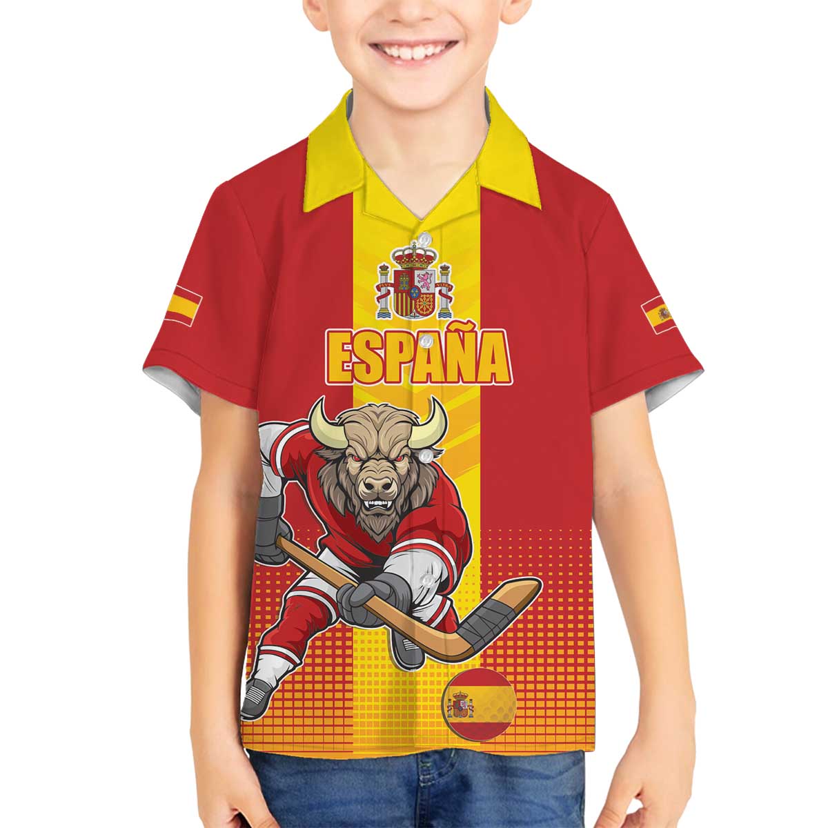 Custom Spain Field Hockey Family Matching Off The Shoulder Long Sleeve Dress and Hawaiian Shirt Sporty Style with Bull Mascot
