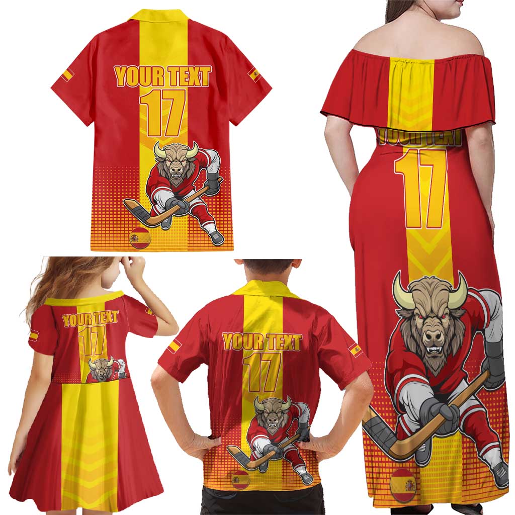 Custom Spain Field Hockey Family Matching Off Shoulder Maxi Dress and Hawaiian Shirt Sporty Style with Bull Mascot