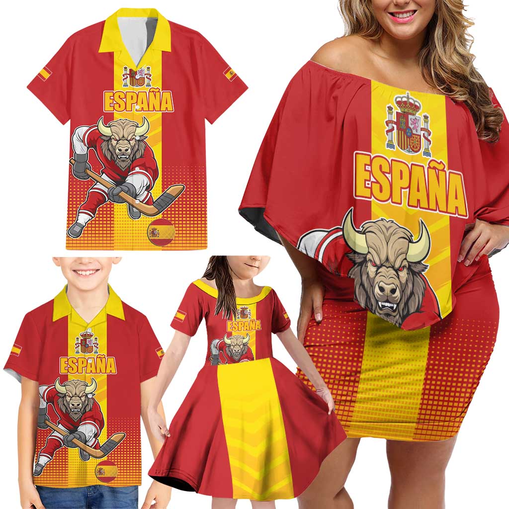 Custom Spain Field Hockey Family Matching Off Shoulder Short Dress and Hawaiian Shirt Sporty Style with Bull Mascot