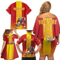 Custom Spain Field Hockey Family Matching Off Shoulder Short Dress and Hawaiian Shirt Sporty Style with Bull Mascot