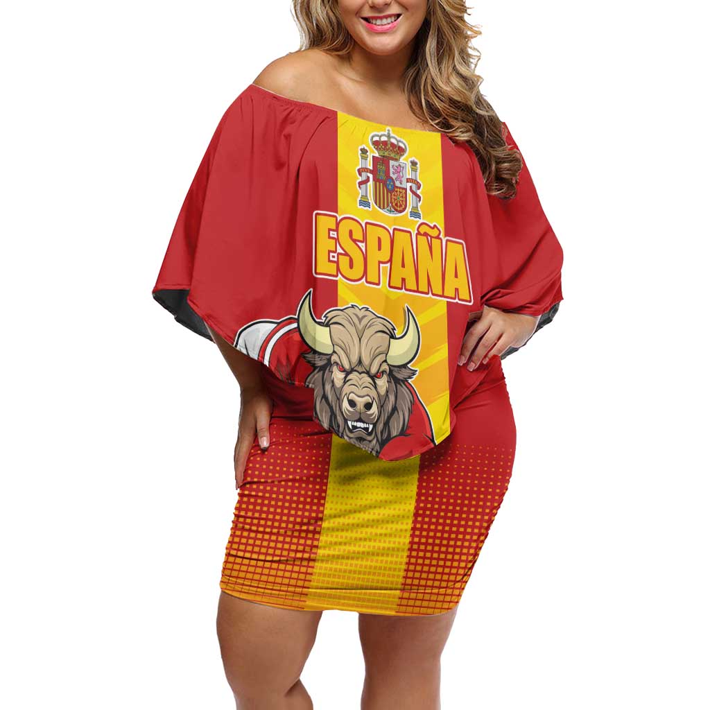 Custom Spain Field Hockey Family Matching Off Shoulder Short Dress and Hawaiian Shirt Sporty Style with Bull Mascot