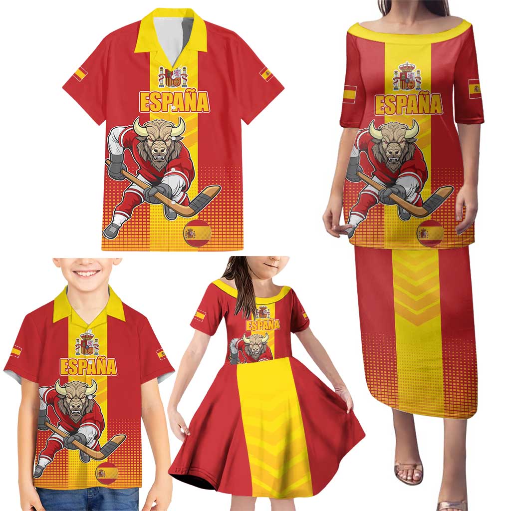 Custom Spain Field Hockey Family Matching Puletasi and Hawaiian Shirt Sporty Style with Bull Mascot