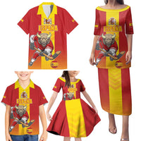 Custom Spain Field Hockey Family Matching Puletasi and Hawaiian Shirt Sporty Style with Bull Mascot