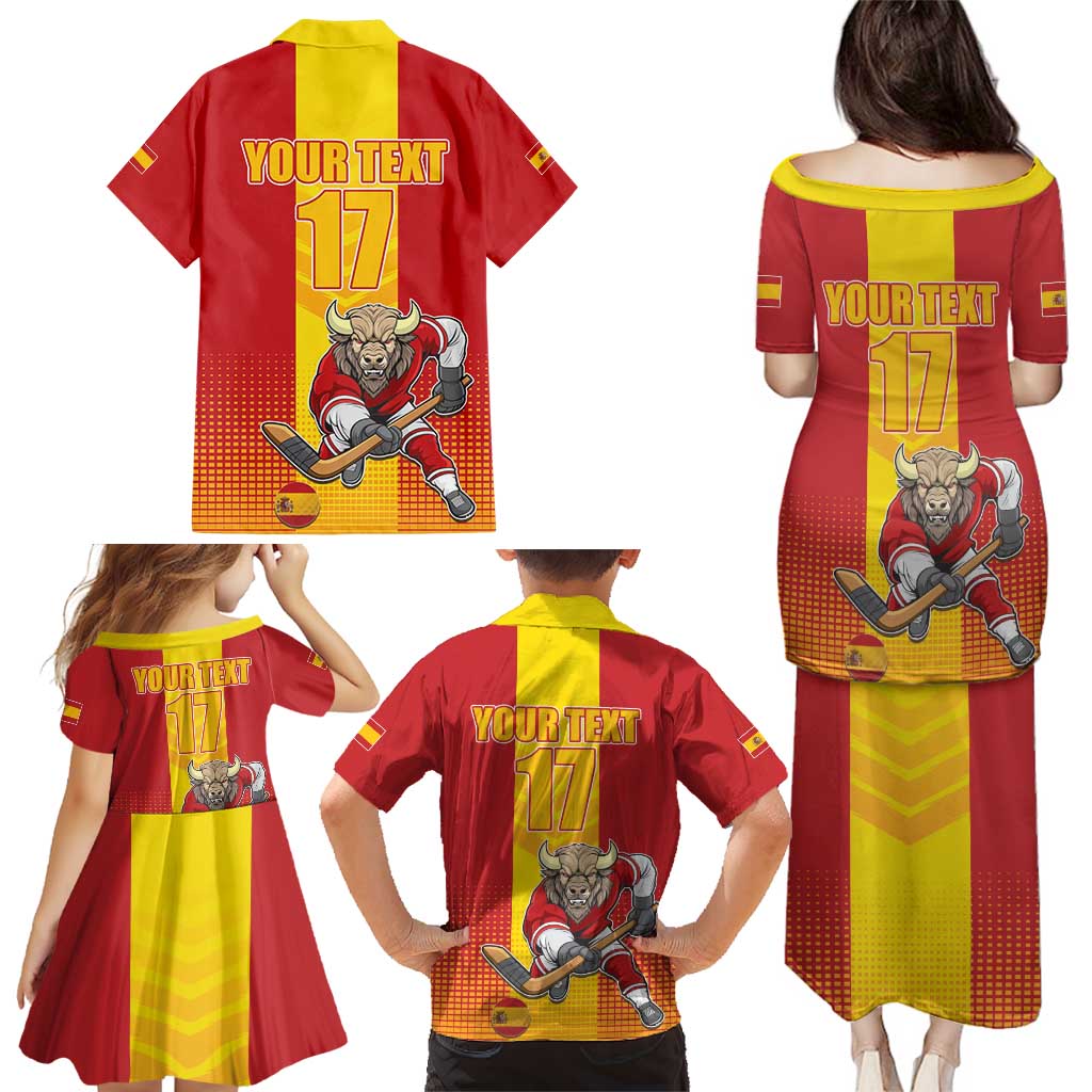 Custom Spain Field Hockey Family Matching Puletasi and Hawaiian Shirt Sporty Style with Bull Mascot