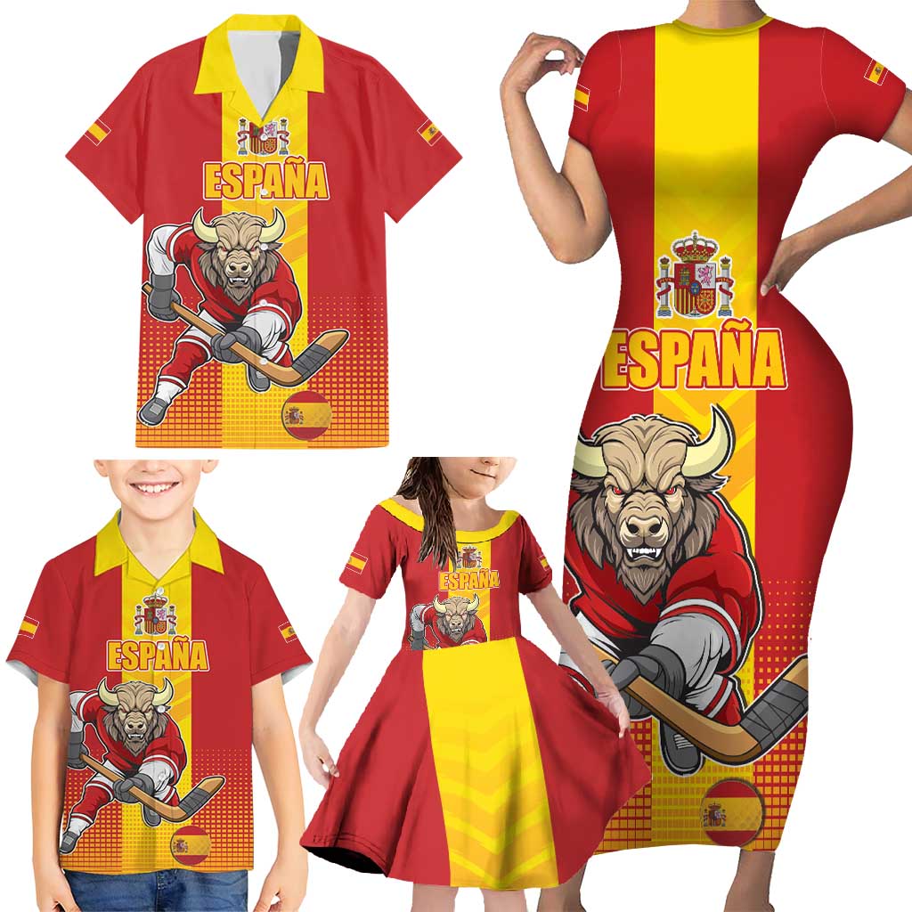 Custom Spain Field Hockey Family Matching Short Sleeve Bodycon Dress and Hawaiian Shirt Sporty Style with Bull Mascot