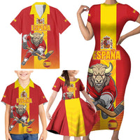 Custom Spain Field Hockey Family Matching Short Sleeve Bodycon Dress and Hawaiian Shirt Sporty Style with Bull Mascot