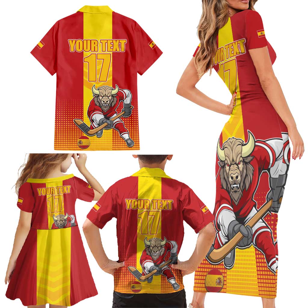 Custom Spain Field Hockey Family Matching Short Sleeve Bodycon Dress and Hawaiian Shirt Sporty Style with Bull Mascot