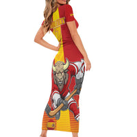 Custom Spain Field Hockey Family Matching Short Sleeve Bodycon Dress and Hawaiian Shirt Sporty Style with Bull Mascot
