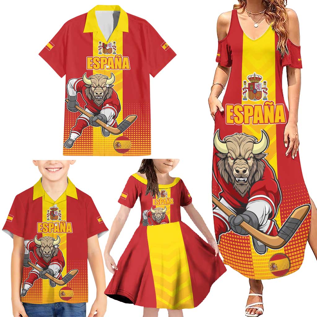 Custom Spain Field Hockey Family Matching Summer Maxi Dress and Hawaiian Shirt Sporty Style with Bull Mascot
