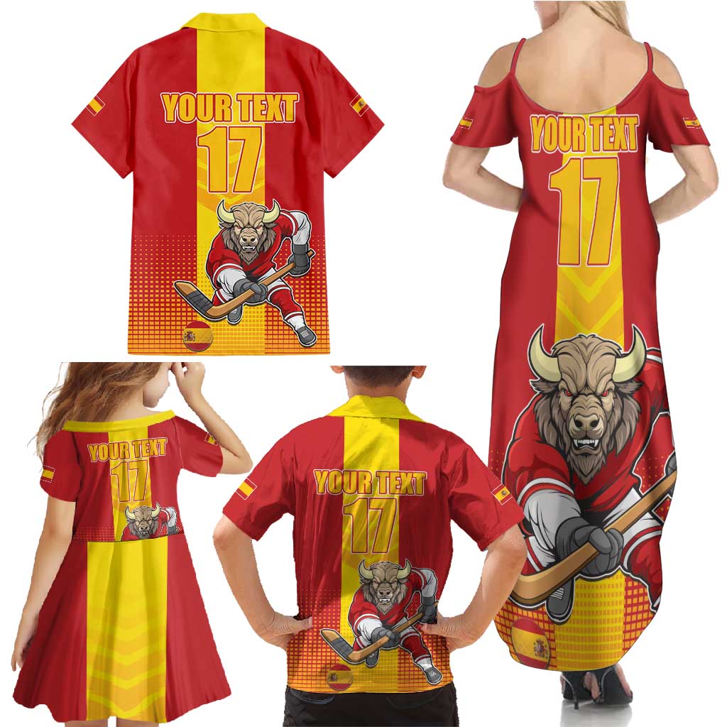 Custom Spain Field Hockey Family Matching Summer Maxi Dress and Hawaiian Shirt Sporty Style with Bull Mascot