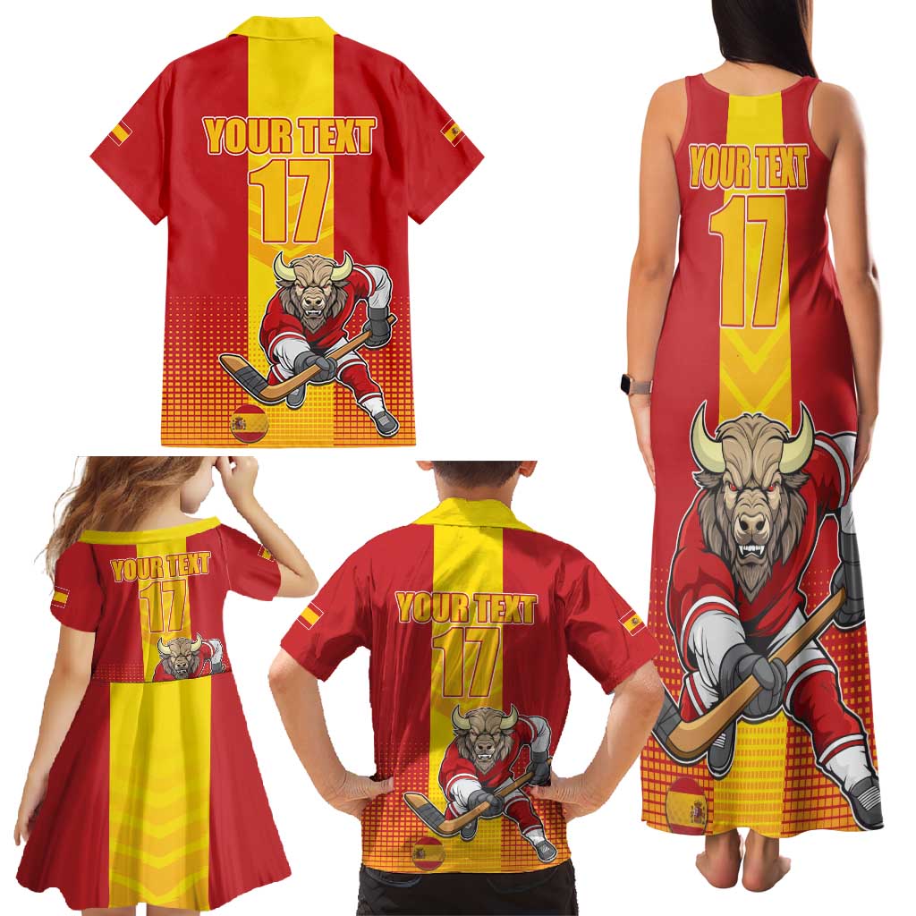 Custom Spain Field Hockey Family Matching Tank Maxi Dress and Hawaiian Shirt Sporty Style with Bull Mascot
