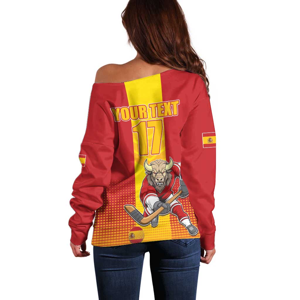 Custom Spain Field Hockey Off Shoulder Sweater Sporty Style with Bull Mascot
