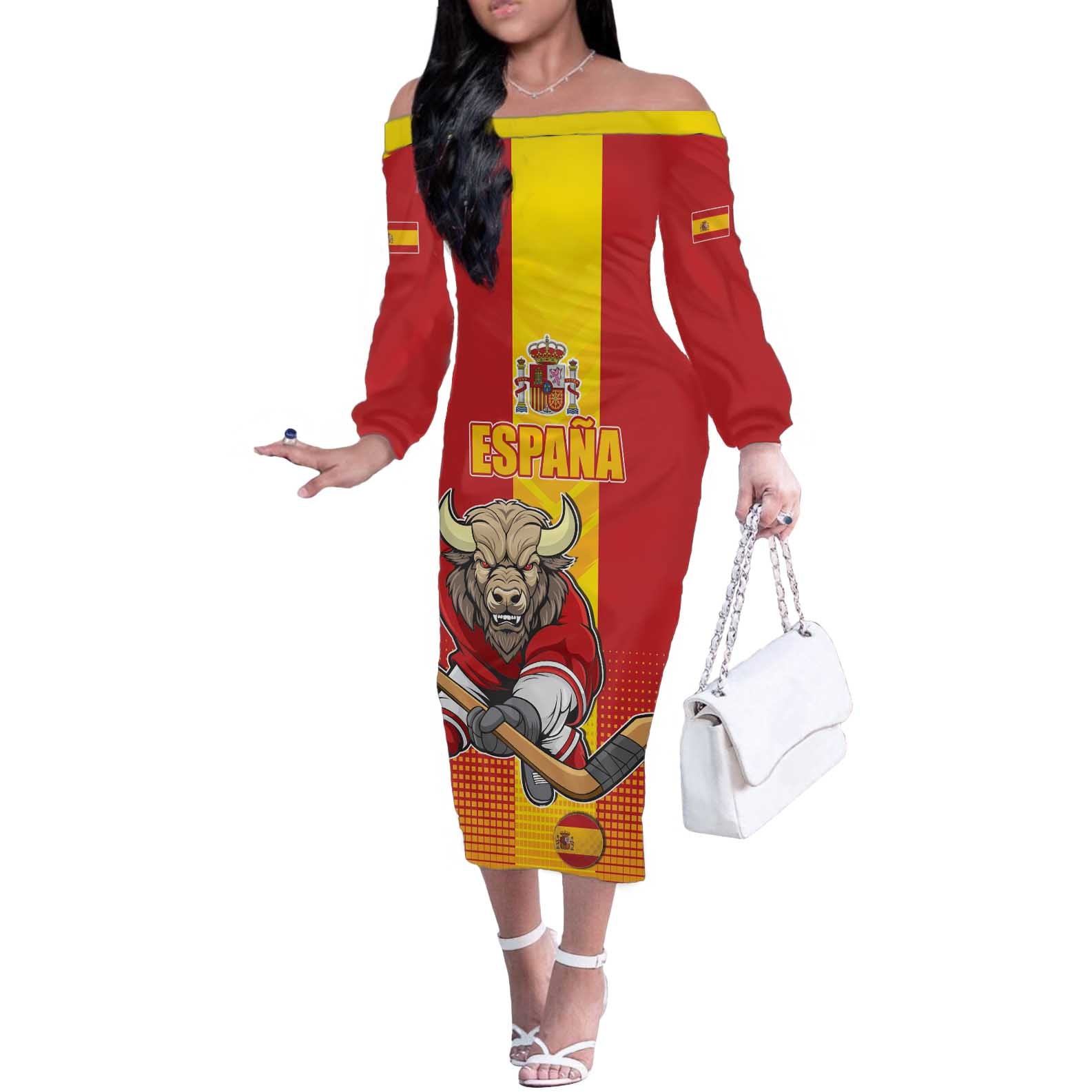Custom Spain Field Hockey Off The Shoulder Long Sleeve Dress Sporty Style with Bull Mascot