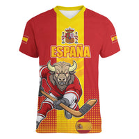 Custom Spain Field Hockey Women V-Neck T-Shirt Sporty Style with Bull Mascot