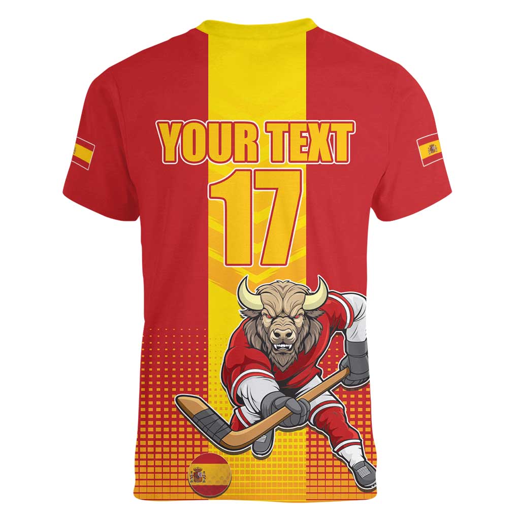 Custom Spain Field Hockey Women V-Neck T-Shirt Sporty Style with Bull Mascot