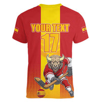 Custom Spain Field Hockey Women V-Neck T-Shirt Sporty Style with Bull Mascot