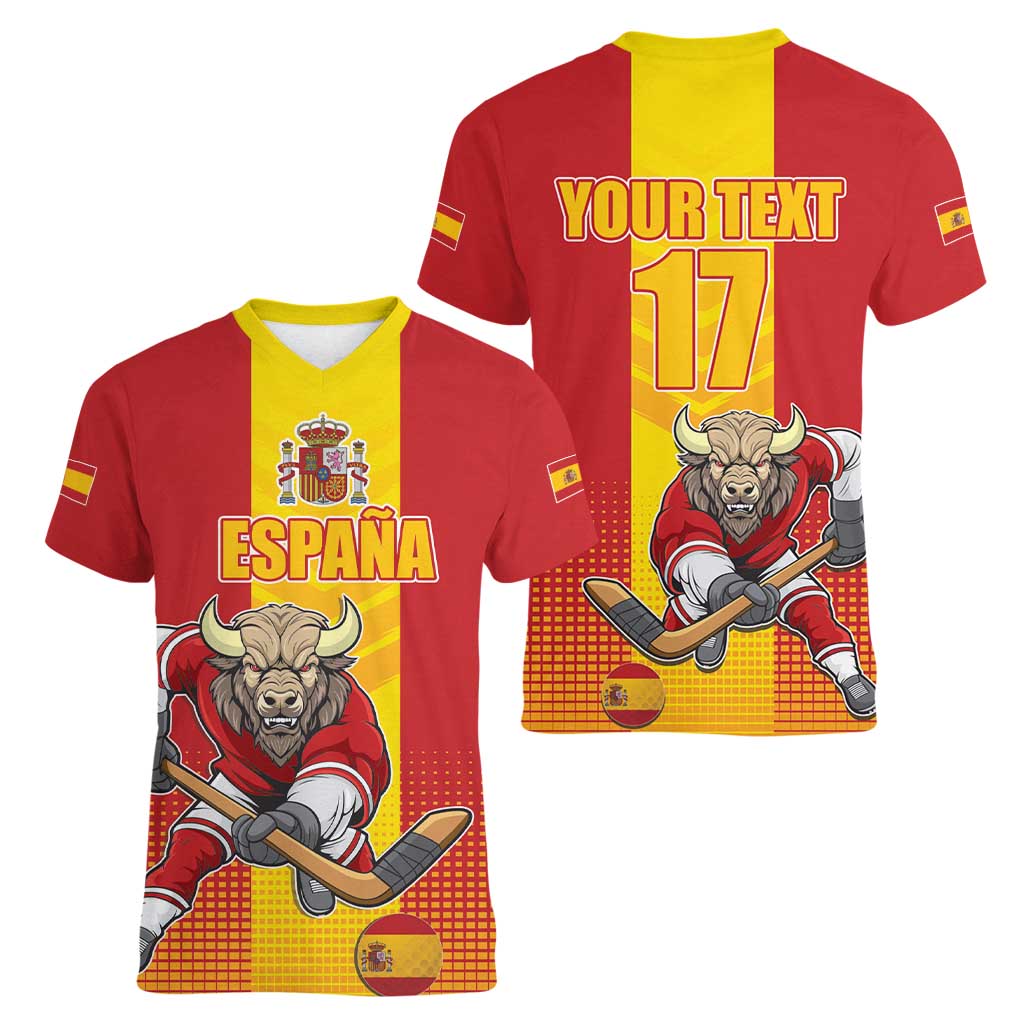 Custom Spain Field Hockey Women V-Neck T-Shirt Sporty Style with Bull Mascot