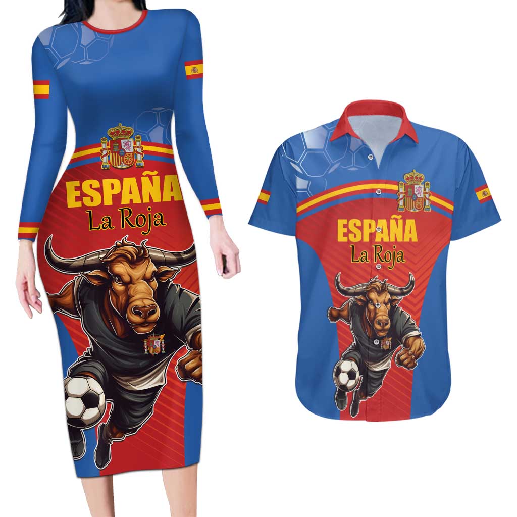Custom Spain Football Go Champions Couples Matching Long Sleeve Bodycon Dress and Hawaiian Shirt Sporty Style with Bull Mascot