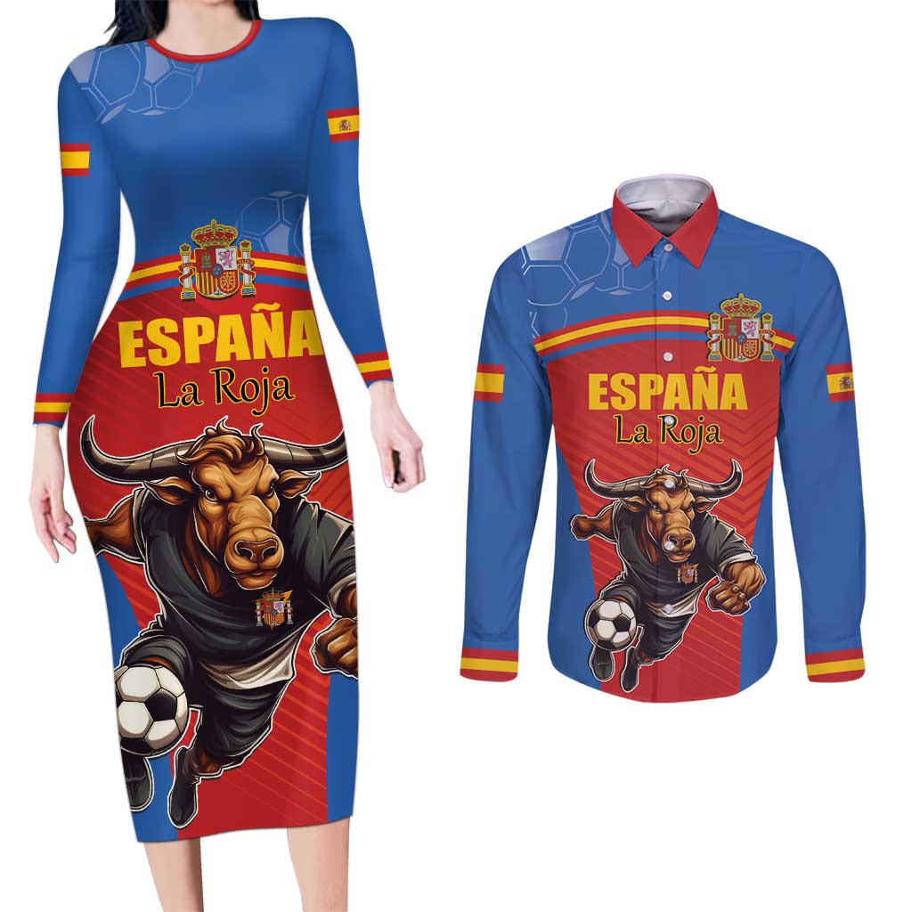 Custom Spain Football Go Champions Couples Matching Long Sleeve Bodycon Dress and Long Sleeve Button Shirt Sporty Style with Bull Mascot