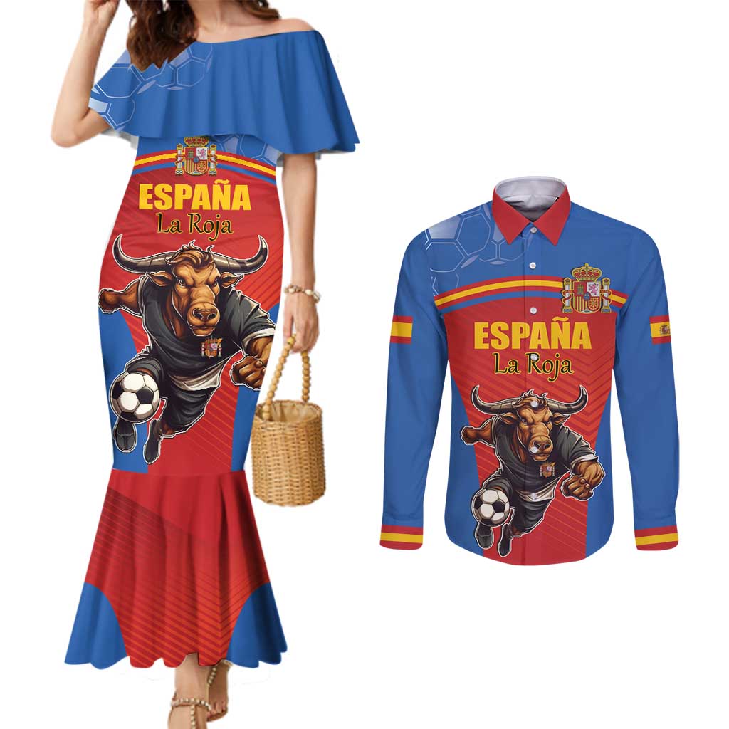 Custom Spain Football Go Champions Couples Matching Mermaid Dress and Long Sleeve Button Shirt Sporty Style with Bull Mascot