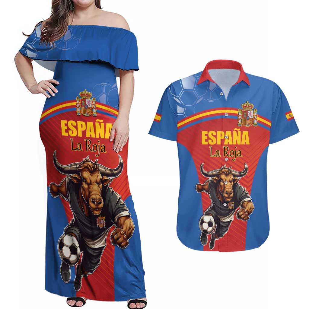 Custom Spain Football Go Champions Couples Matching Off Shoulder Maxi Dress and Hawaiian Shirt Sporty Style with Bull Mascot