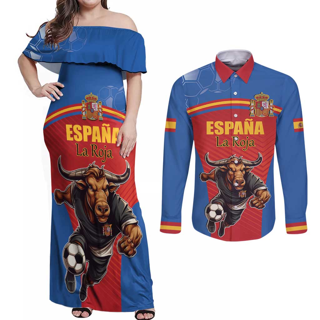Custom Spain Football Go Champions Couples Matching Off Shoulder Maxi Dress and Long Sleeve Button Shirt Sporty Style with Bull Mascot