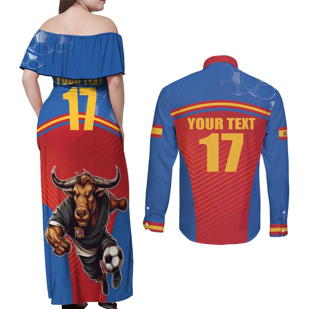 Custom Spain Football Go Champions Couples Matching Off Shoulder Maxi Dress and Long Sleeve Button Shirt Sporty Style with Bull Mascot
