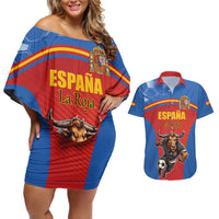 Custom Spain Football Go Champions Couples Matching Off Shoulder Short Dress and Hawaiian Shirt Sporty Style with Bull Mascot