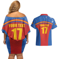 Custom Spain Football Go Champions Couples Matching Off Shoulder Short Dress and Hawaiian Shirt Sporty Style with Bull Mascot