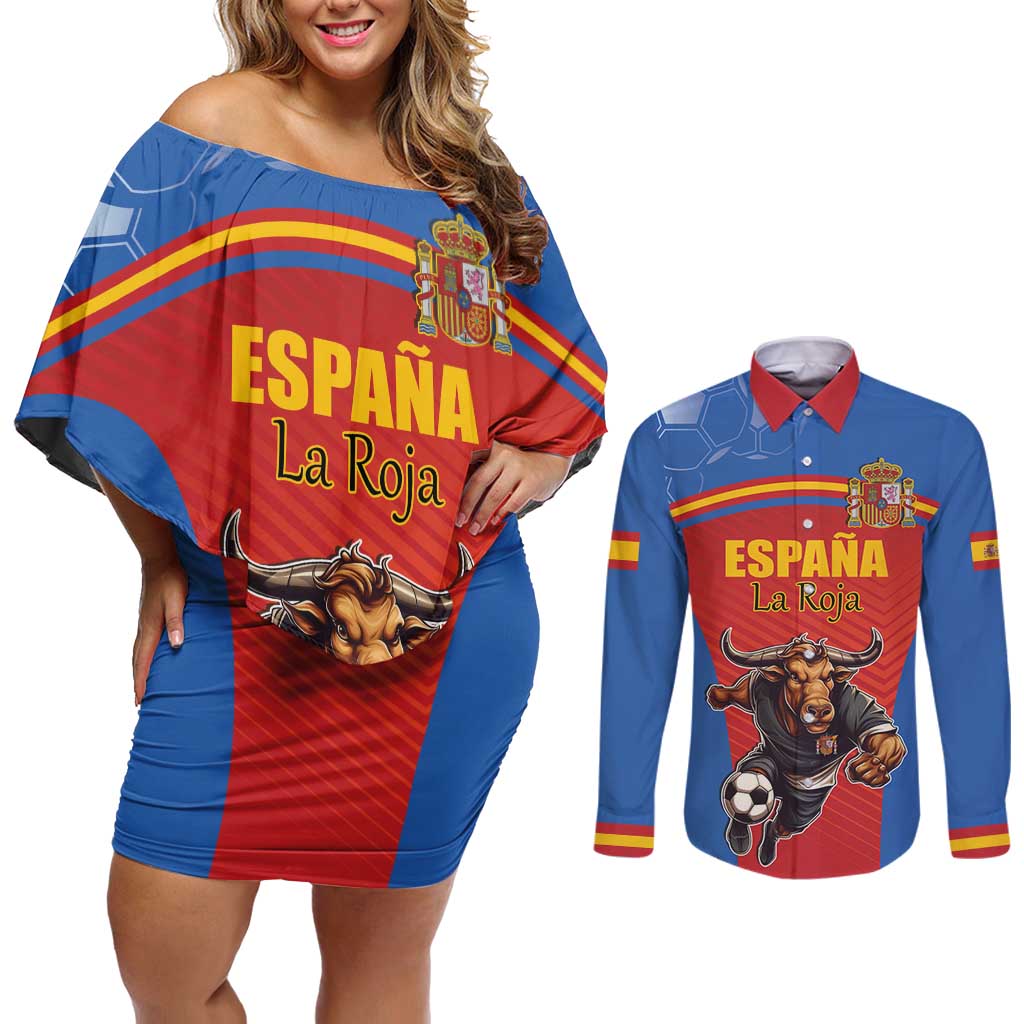 Custom Spain Football Go Champions Couples Matching Off Shoulder Short Dress and Long Sleeve Button Shirt Sporty Style with Bull Mascot