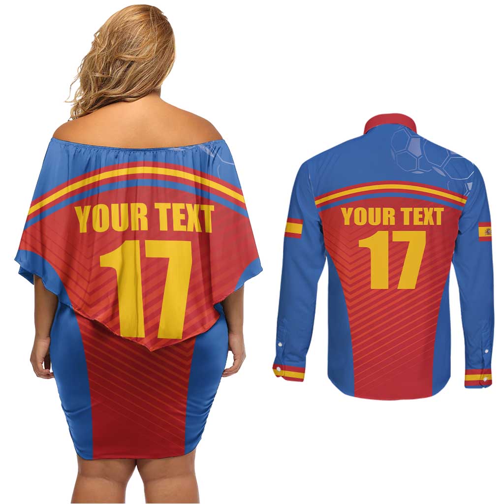 Custom Spain Football Go Champions Couples Matching Off Shoulder Short Dress and Long Sleeve Button Shirt Sporty Style with Bull Mascot