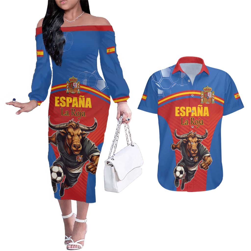 Custom Spain Football Go Champions Couples Matching Off The Shoulder Long Sleeve Dress and Hawaiian Shirt Sporty Style with Bull Mascot