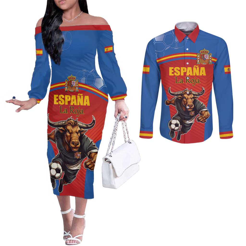 Custom Spain Football Go Champions Couples Matching Off The Shoulder Long Sleeve Dress and Long Sleeve Button Shirt Sporty Style with Bull Mascot
