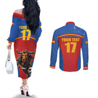 Custom Spain Football Go Champions Couples Matching Off The Shoulder Long Sleeve Dress and Long Sleeve Button Shirt Sporty Style with Bull Mascot