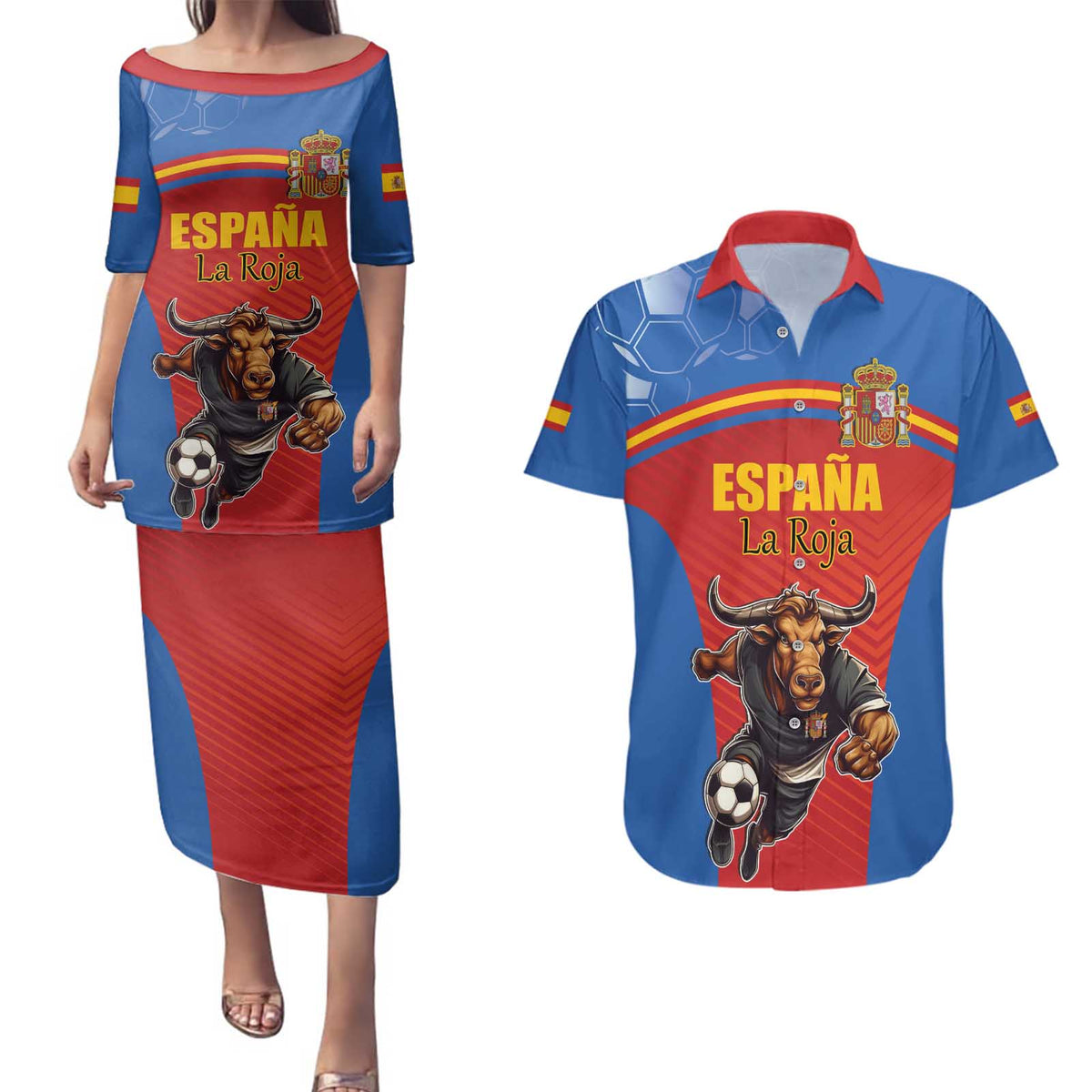 Custom Spain Football Go Champions Couples Matching Puletasi and Hawaiian Shirt Sporty Style with Bull Mascot