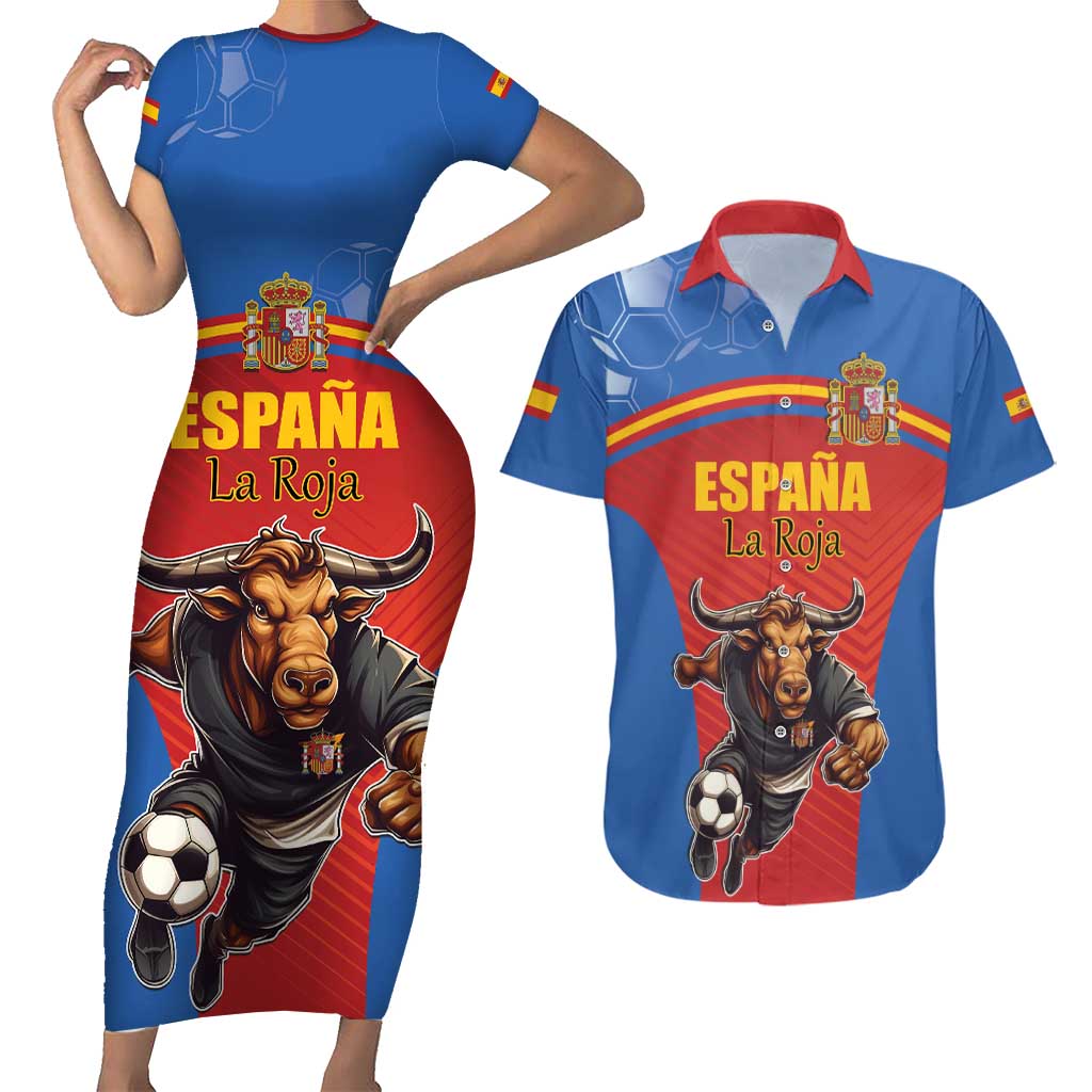 Custom Spain Football Go Champions Couples Matching Short Sleeve Bodycon Dress and Hawaiian Shirt Sporty Style with Bull Mascot