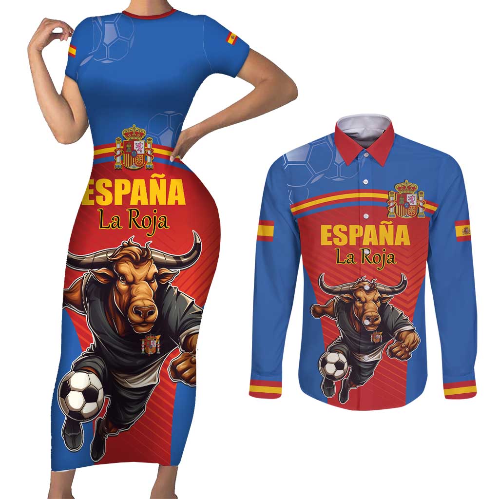 Custom Spain Football Go Champions Couples Matching Short Sleeve Bodycon Dress and Long Sleeve Button Shirt Sporty Style with Bull Mascot