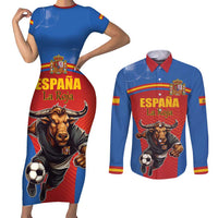 Custom Spain Football Go Champions Couples Matching Short Sleeve Bodycon Dress and Long Sleeve Button Shirt Sporty Style with Bull Mascot
