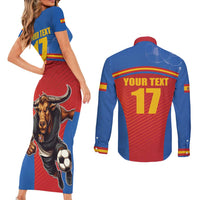 Custom Spain Football Go Champions Couples Matching Short Sleeve Bodycon Dress and Long Sleeve Button Shirt Sporty Style with Bull Mascot